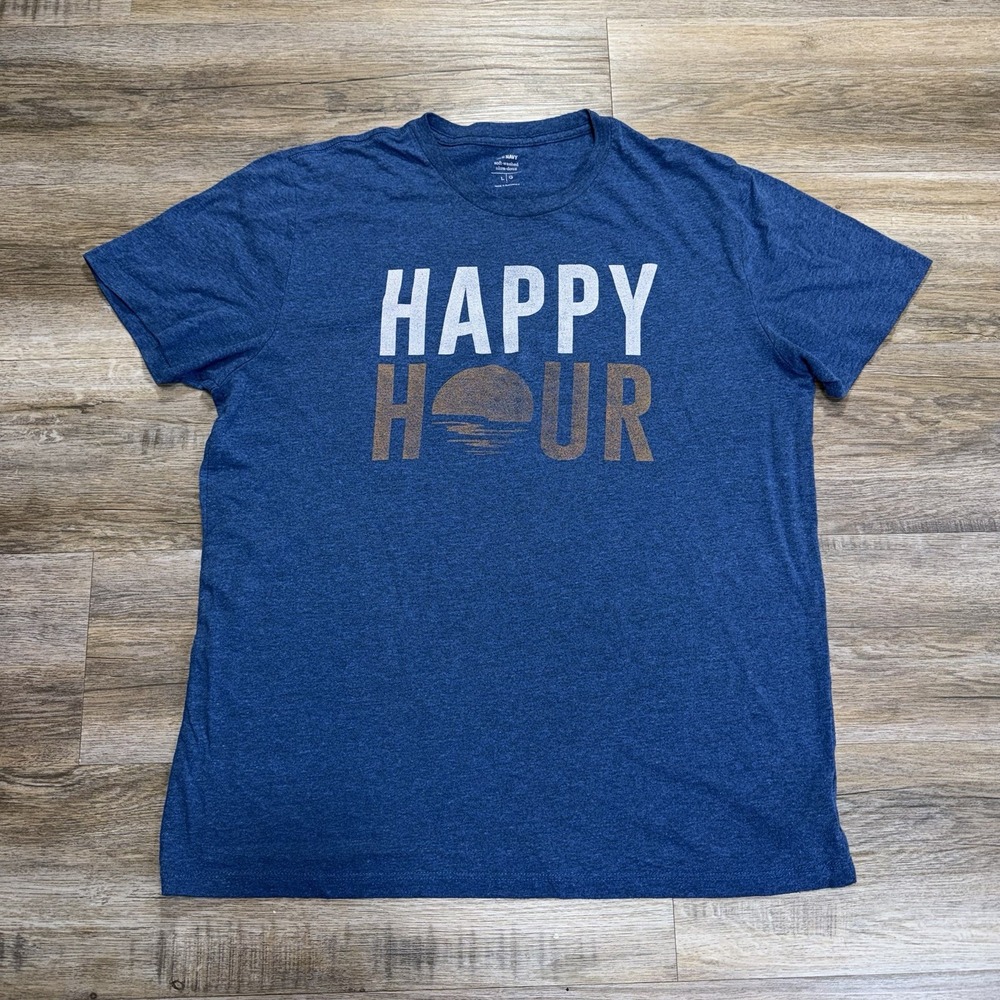Old Navy Blue Soft-Washed Graphic Shirt Mens/Unisex Large "Happy Hour" Spell-Out